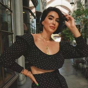 MISA Los Angeles Kayly Black Polka Dot Open Back Ruffle Cotton Crop Top Sz S. 23